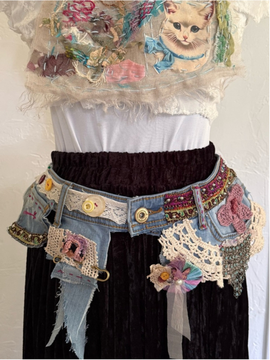 Hand Crafted Accessories - Belt Upcycled Denim Lace Boho Belt 32 inch